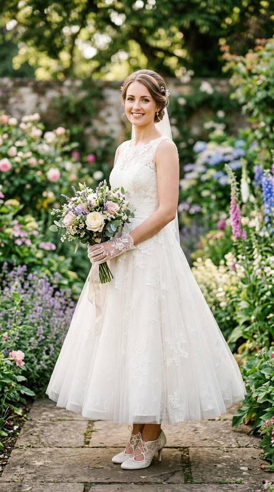 A bride wearing short fingerless lace gloves with a tea-length dress in a garden.
