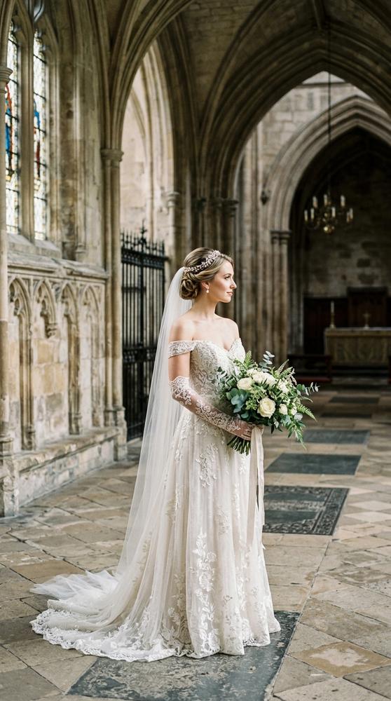 A bride wearing long fingerless gloves with a sleeveless gown, dramatic pose, historic venue.