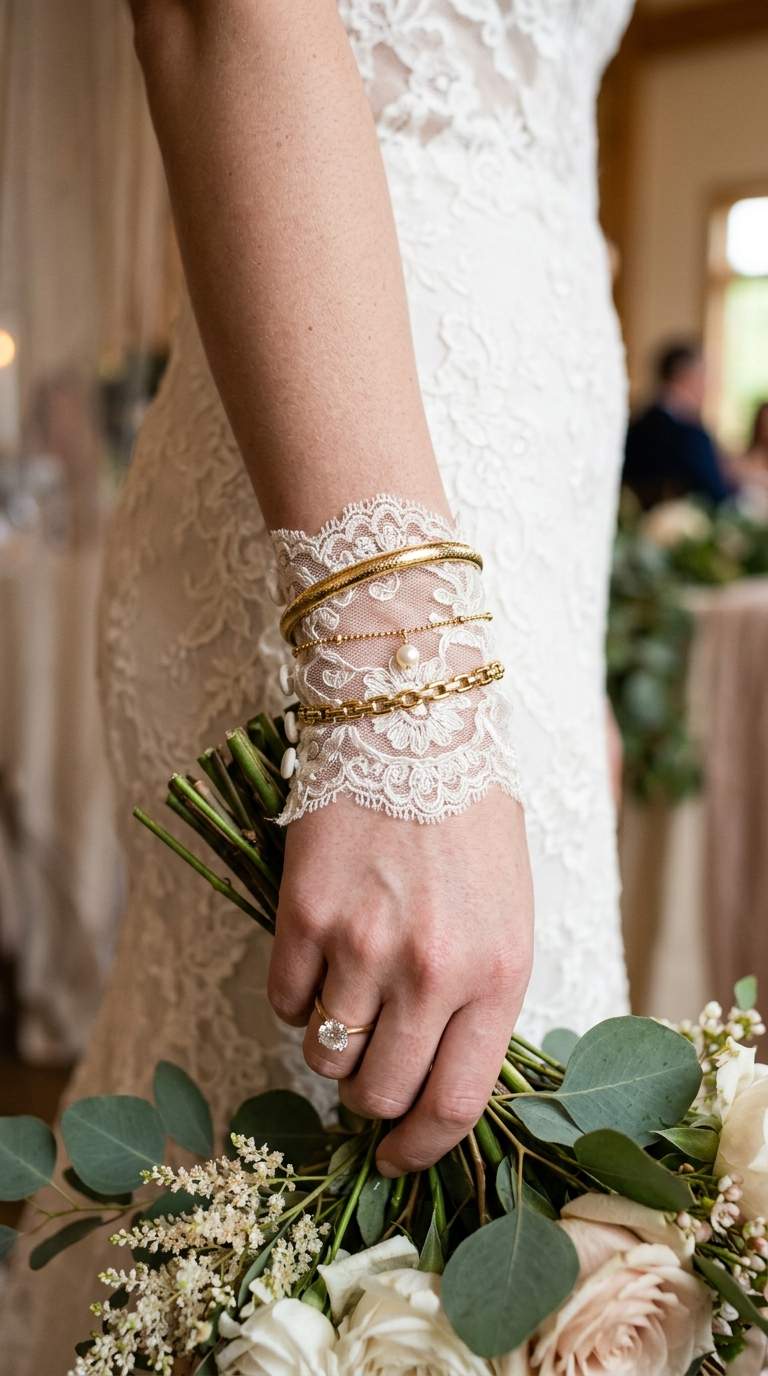 A bride's wrist with layered gold bracelets over fingerless wedding gloves, elegant detail.