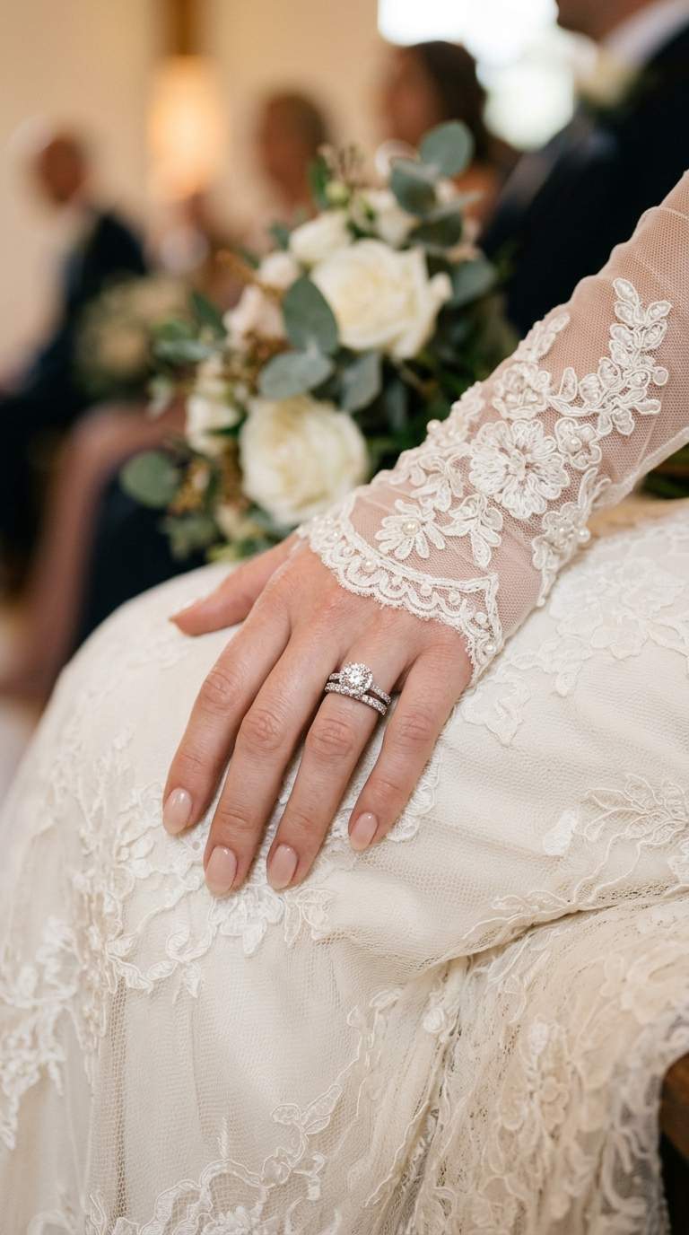 Close-up of a bride's wedding ring set on her finger in fingerless gloves, sparkling.