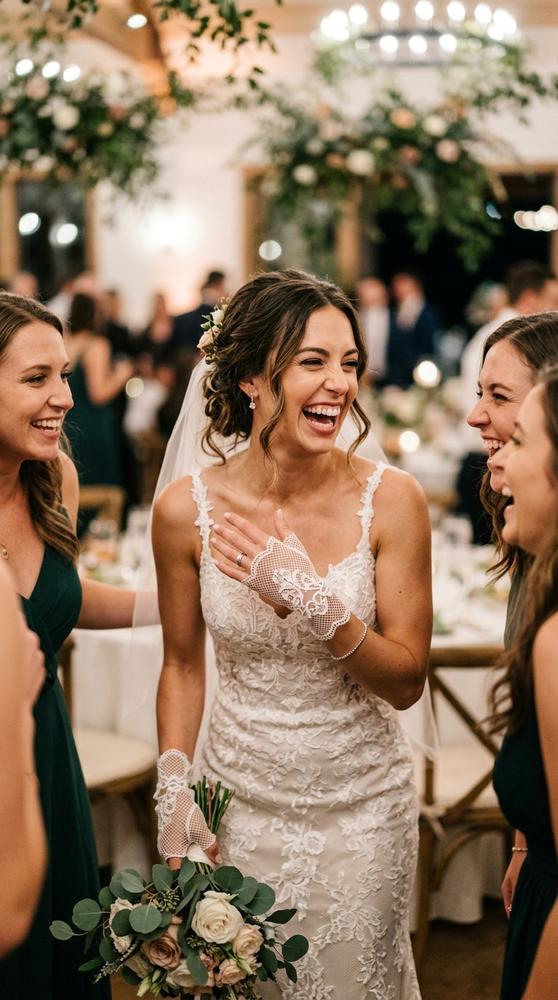 A bride laughing with guests while wearing fingerless gloves at her reception, candid joy.