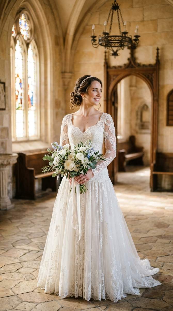 A bride wearing an Alencon lace drop waist gown with corded floral motifs, photographed in a sunlit historic chapel, rich tex