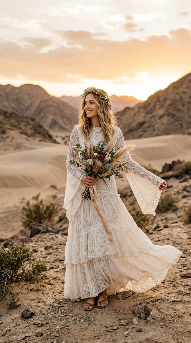 A bohemian lace drop waist wedding dress with bell sleeves in a desert landscape at golden hour, free-spirited romance, flowi