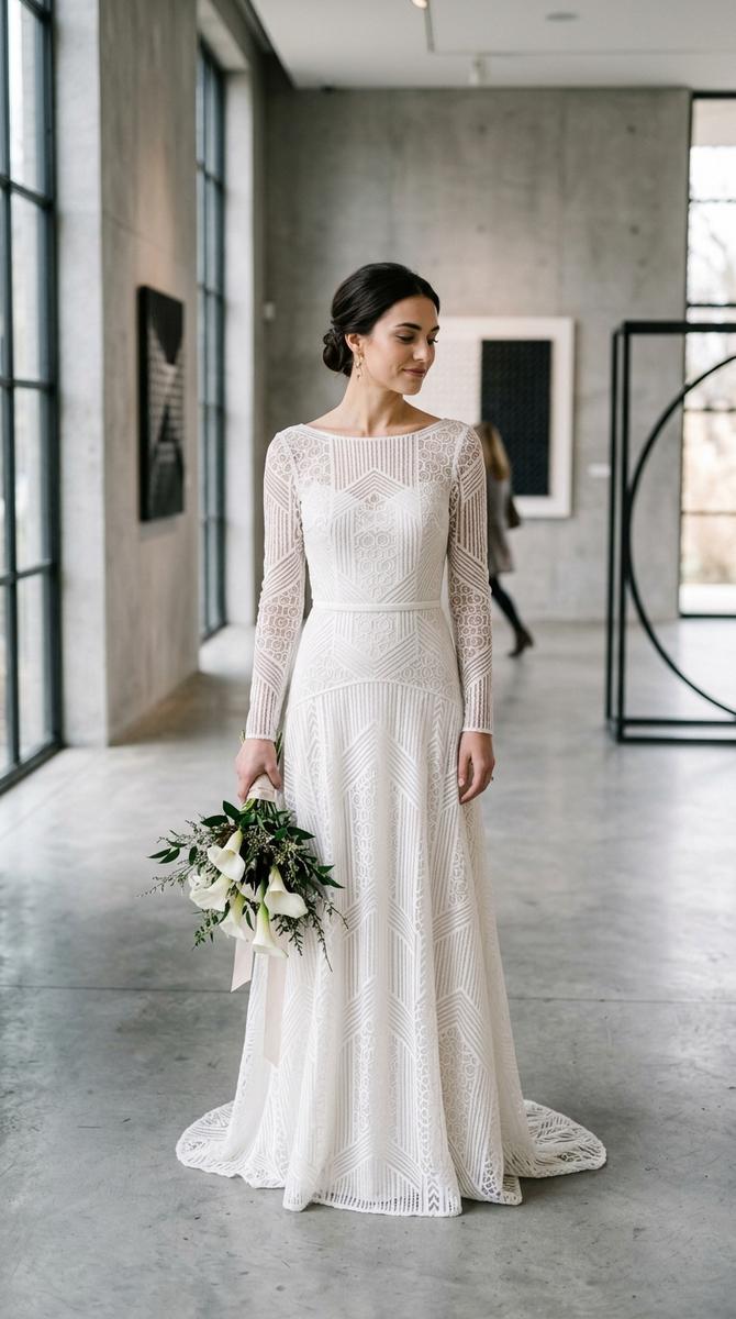A modern lace drop waist gown with geometric lace patterns and clean lines, minimalist gallery wedding setting, contemporary 