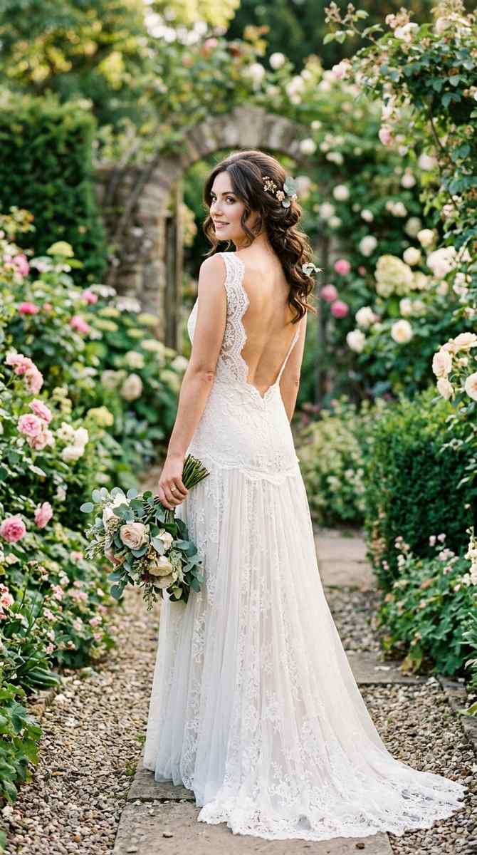 A lace drop waist wedding dress with open back framed in lace edging, bride looking over shoulder in a garden, alluring yet e
