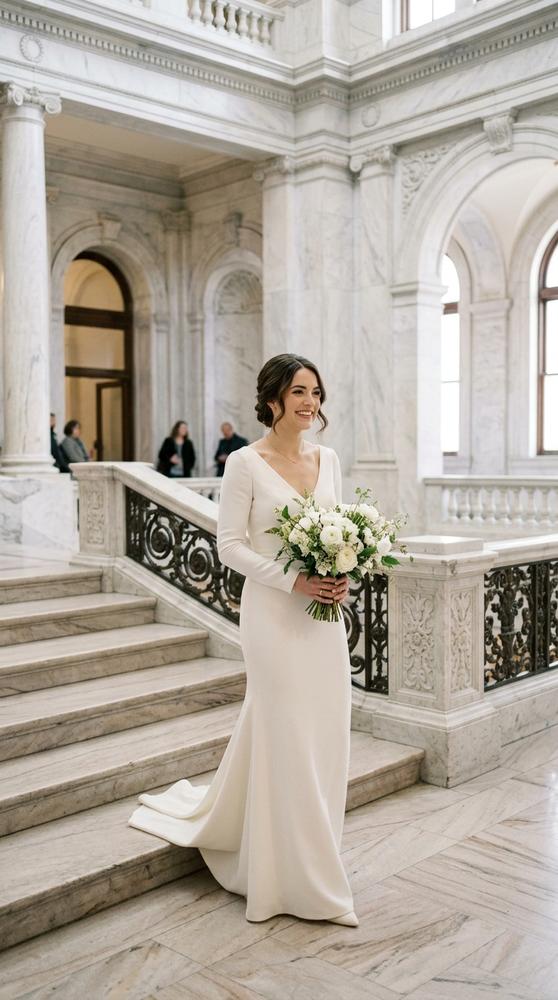 A bride in an ivory long-sleeve crepe sheath wedding dress with a V-neckline in a marble courthouse