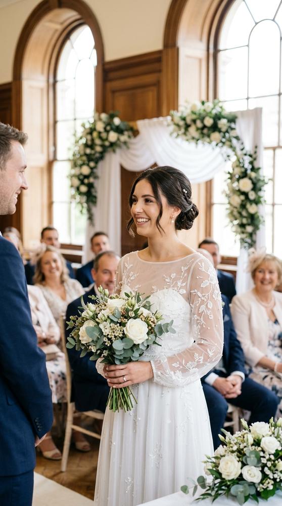 A bride in a white sheer-sleeve wedding dress with pearl details in a bright civil ceremony room