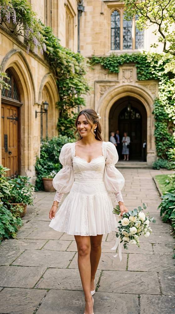 A bride in an ivory puff-sleeve mini wedding dress with a sweetheart neckline in a courthouse courtyard