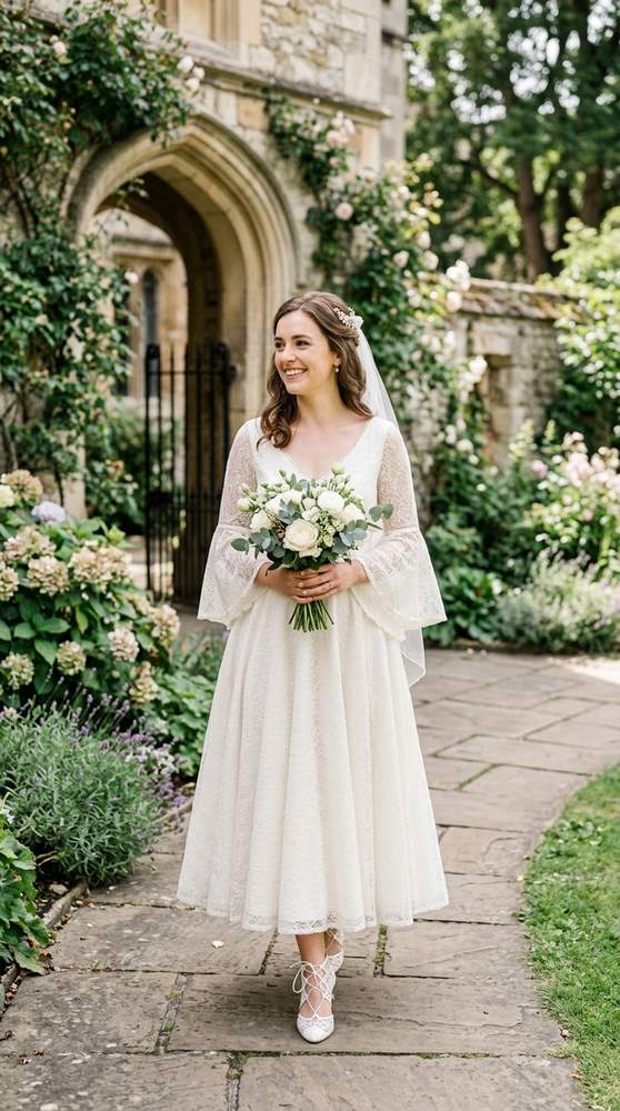 A bride in an ivory bell-sleeve tea-length wedding dress with an empire waist in a courthouse garden