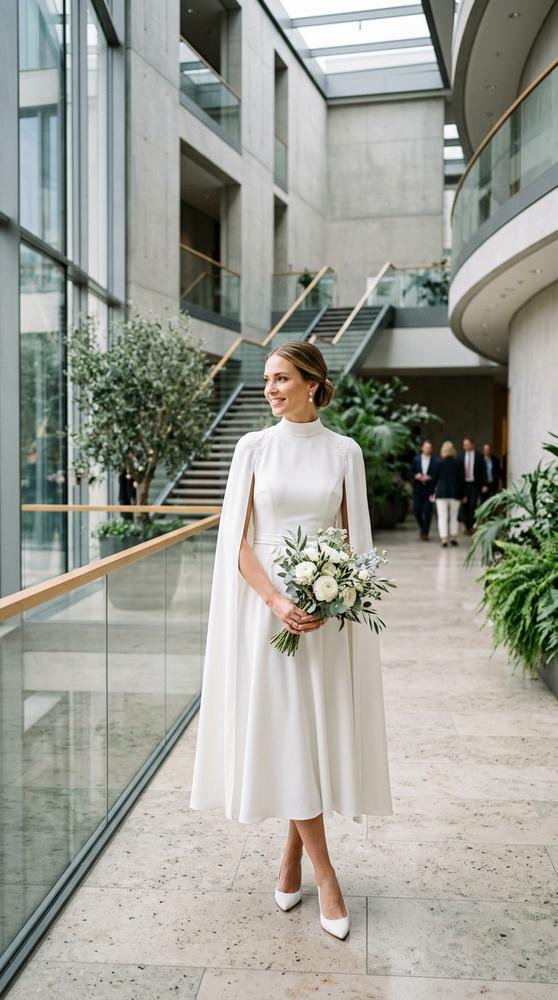 A bride in a white cape-sleeve midi wedding dress with a high neckline in a modern courthouse atrium