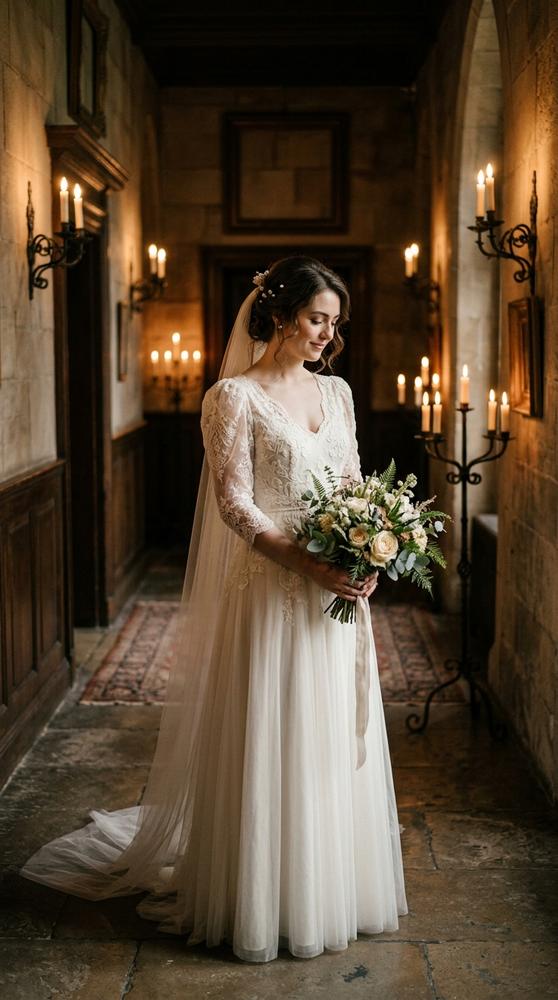 A bride in an ivory juliet-sleeve wedding dress with a fitted bodice in a candlelit courthouse hallway