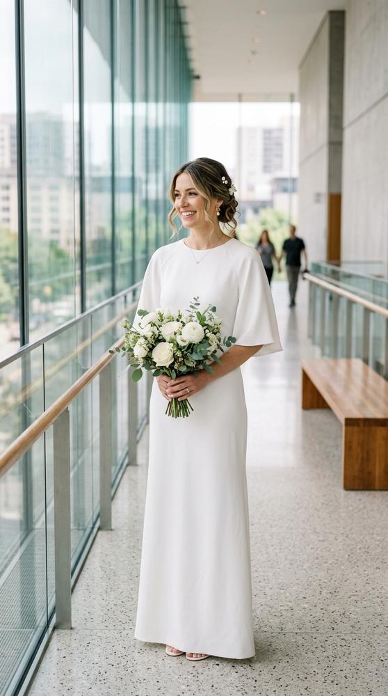 A bride in a white raglan-sleeve shift wedding dress with a jewel neckline in a bright modern courthouse