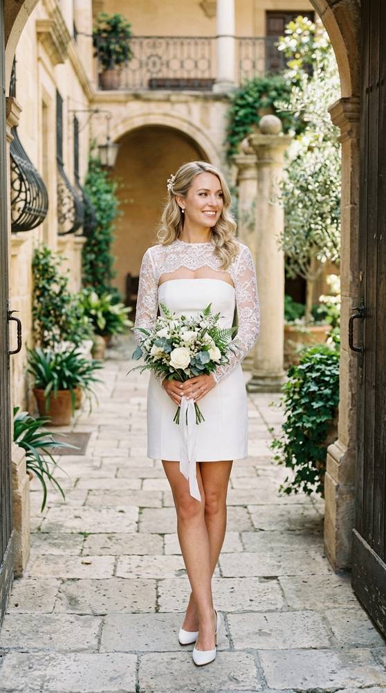 A bride in a white detachable long-sleeve bolero over a strapless mini wedding dress in a courthouse courtyard