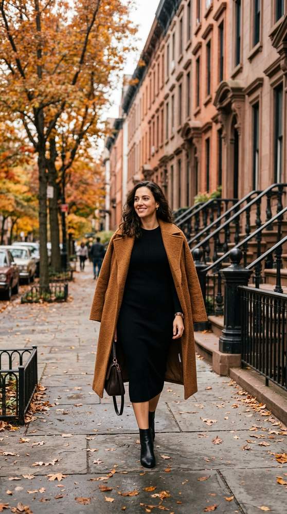 Woman in a sleek black midi dress with a statement wool coat on a New York street with brownstone buildings in autumn
