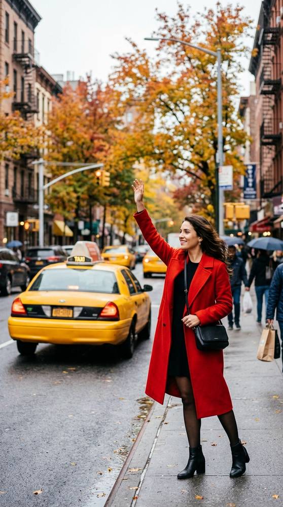 Woman in a bold red coat over a black dress hailing a cab on a New York street with fall foliage