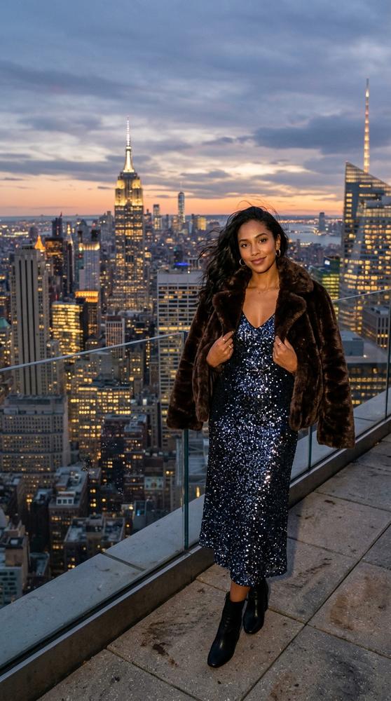 Woman in a sequin midi dress with a faux-fur jacket on a New York rooftop at dusk in autumn