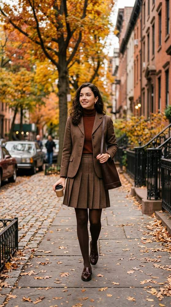 Woman in a brown plaid skirt suit with loafers on a tree-lined New York street with autumn leaves
