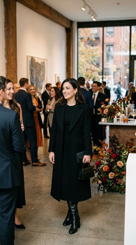 Woman in an all-black tailored outfit with a long wool coat at a New York gallery wedding in fall