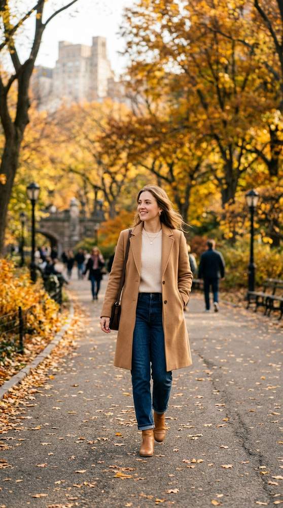 Woman in a camel coat with cream sweater and jeans walking through Central Park with golden autumn trees