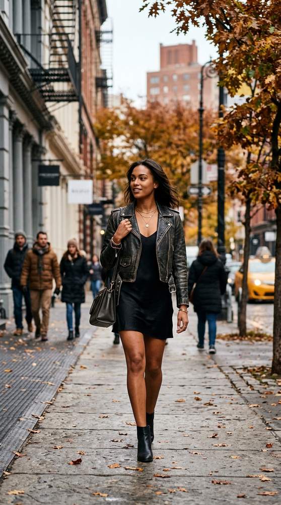 Woman in a black slip dress with a cropped leather jacket on a downtown New York street in autumn