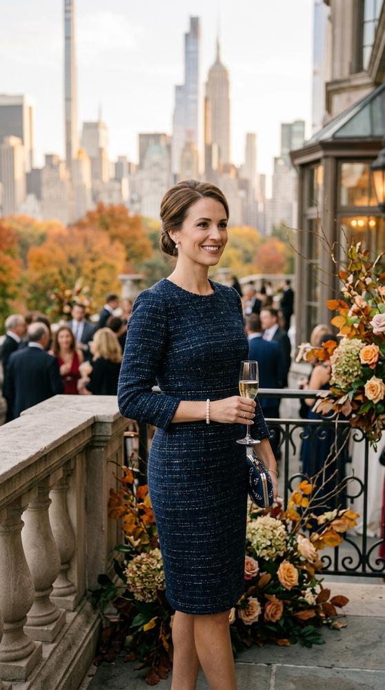 Woman in a navy tweed dress with pearl earrings at an upscale Manhattan wedding venue in fall