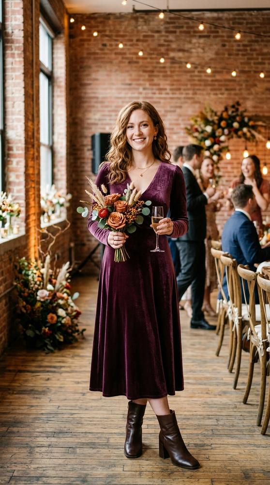 Woman in a plum velvet dress with heeled boots at a Brooklyn loft wedding with exposed brick in autumn