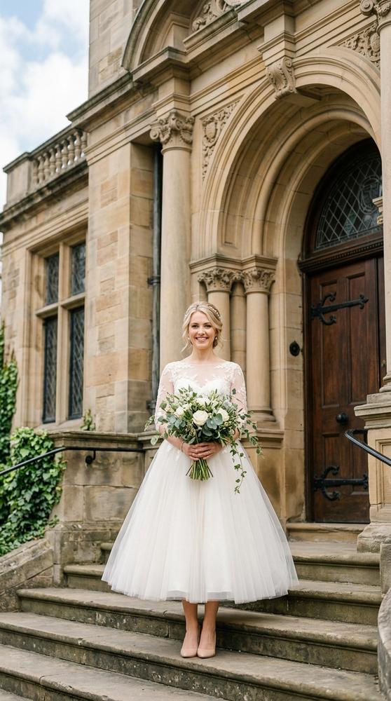 A bride in an ivory tea-length wedding dress with a full tulle skirt outside a historic courthouse