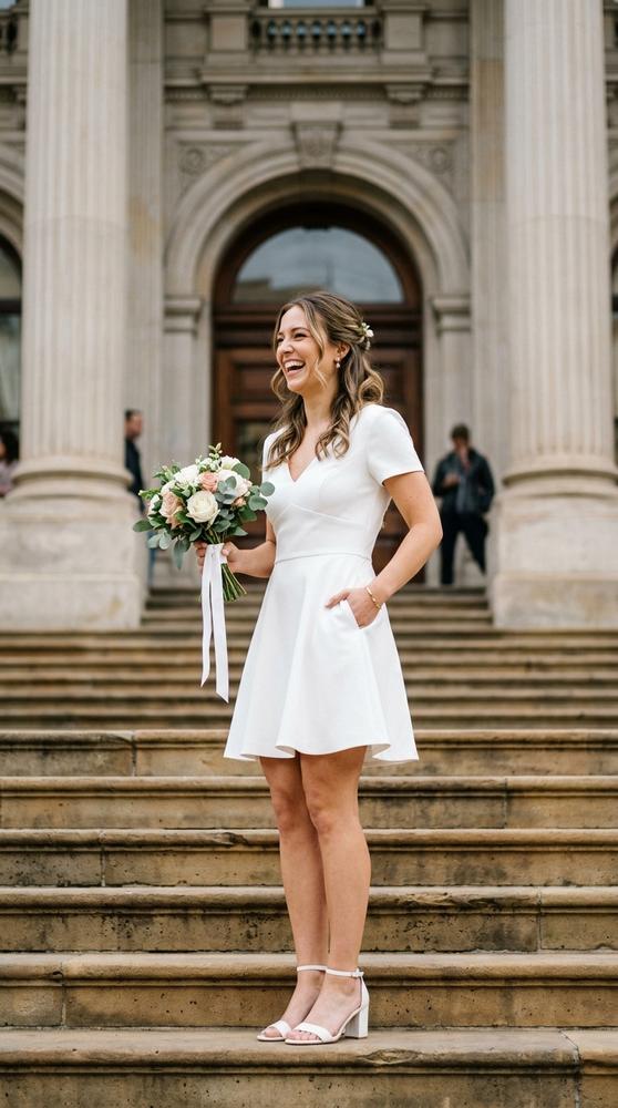A bride in a white A-line mini wedding dress with pockets laughing on courthouse steps