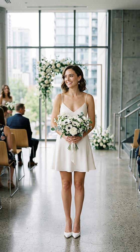 A bride in a sleek white slip mini wedding dress with thin straps at a modern civil ceremony venue