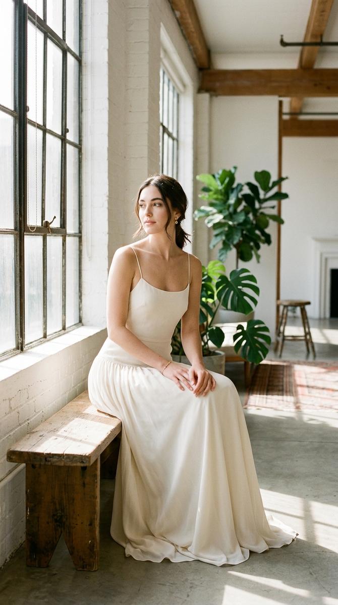 A minimalist drop waist gown with thin spaghetti straps in a sunlit loft space, delicate and modern, portrait orientation, no