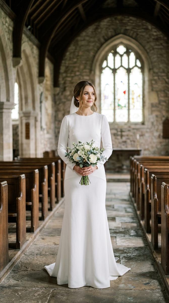 A simple drop waist wedding dress with modest high neckline and long clean skirt, serene chapel interior, dignified elegance,