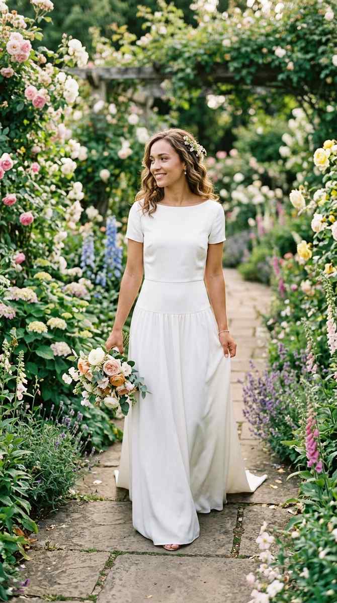 A simple A-line drop waist gown in matte silk on a bride walking through a blooming garden, natural effortless beauty, portra