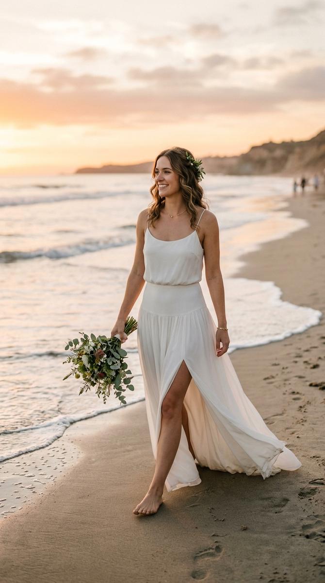 A simple drop waist wedding dress with subtle side slit for ease of movement, bride walking on a beach at golden hour, relaxe