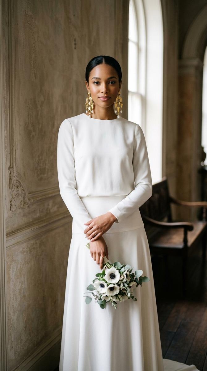 A bride wearing a simple drop waist dress with a single dramatic accessory, bold earrings as focal point, minimalist styling,
