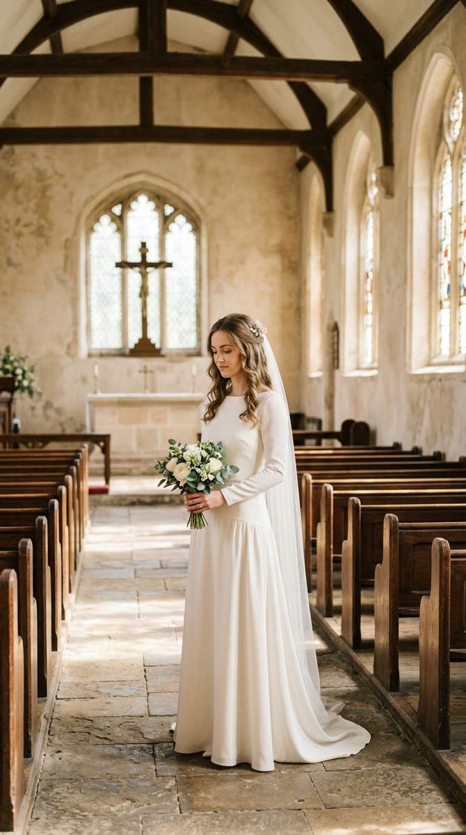 Full-length serene portrait of a bride in a simple drop waist gown in an empty sunlit chapel, peaceful timeless beauty, portr