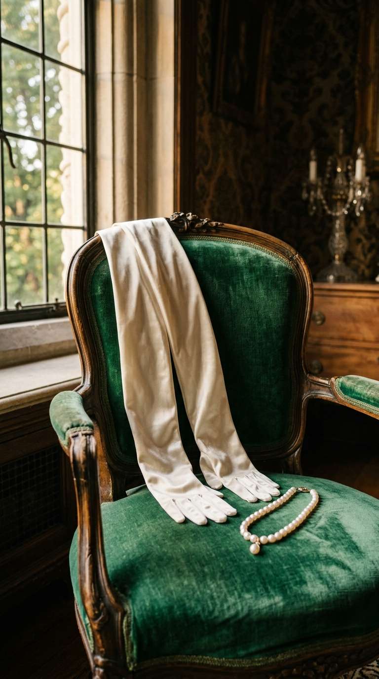 opera-length ivory satin bridal gloves draped over a vintage velvet chair beside a pearl necklace, warm light.