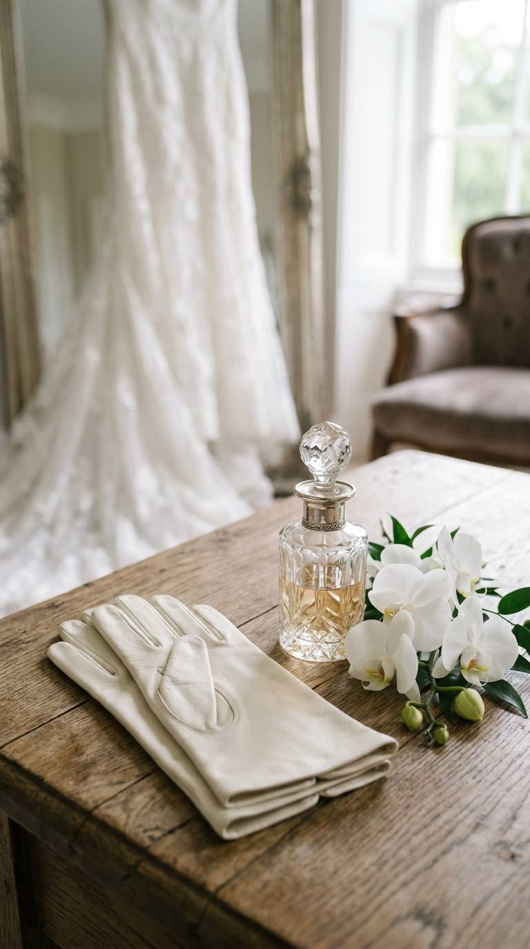classic ivory kidskin bridal gloves folded neatly beside a vintage perfume bottle and white orchids.