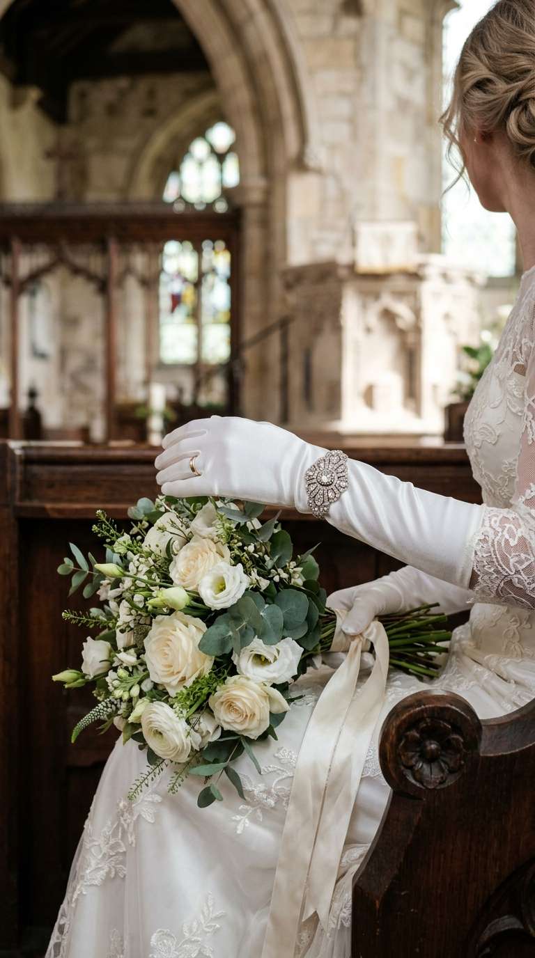 Bride in gloves with a jeweled clasp resembling a ring at the wrist, hands clasped over her bouquet in a historic church.