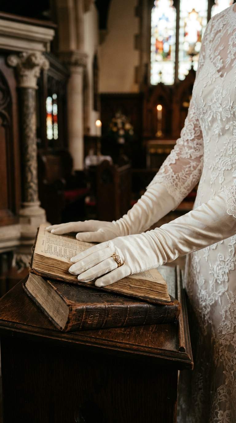 Bride in elegant gloves with her wedding band worn over the glove, traditional royal style.