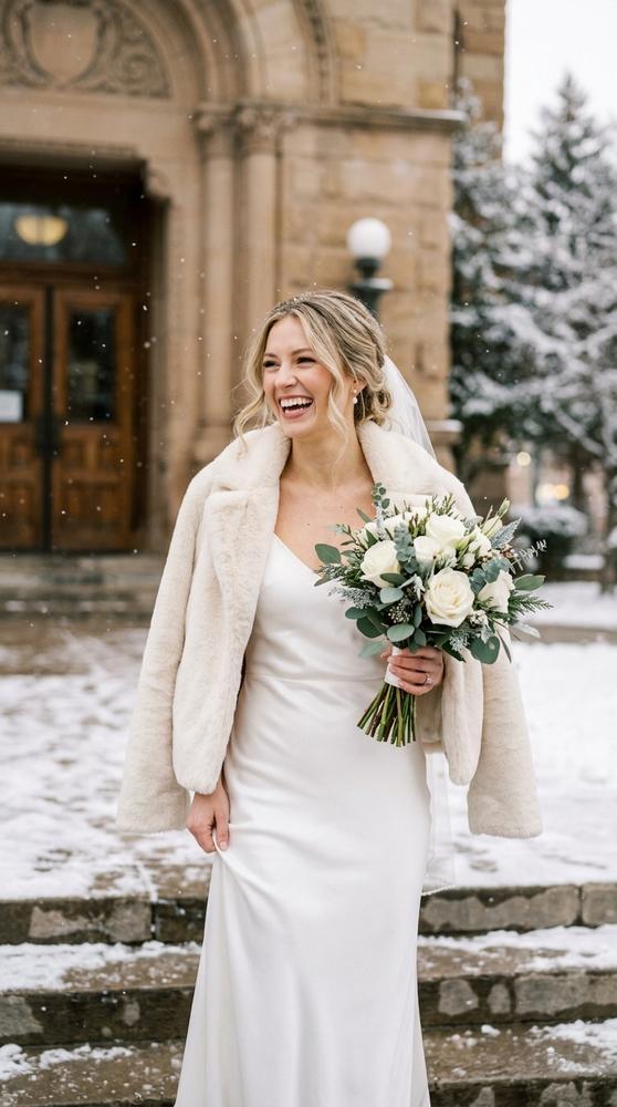A bride in a white satin slip wedding dress with a faux fur jacket laughing outside the courthouse in light snow