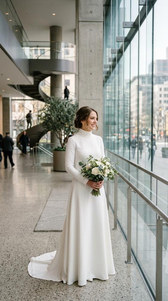 A bride in a white turtleneck wedding dress with a fitted bodice and A-line skirt in a modern courthouse atrium
