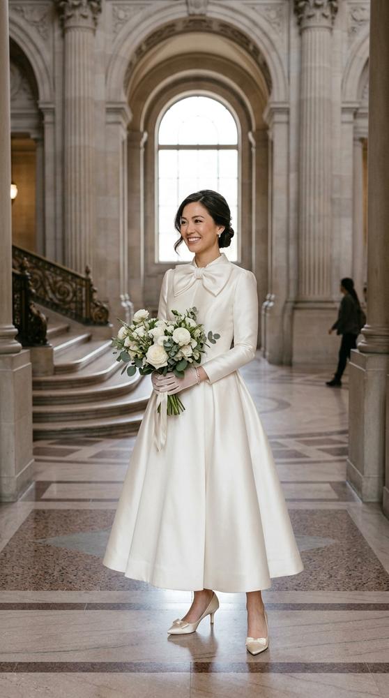 A bride in an ivory mikado tea-length wedding dress with long sleeves and a bow at the neck in a grand courthouse
