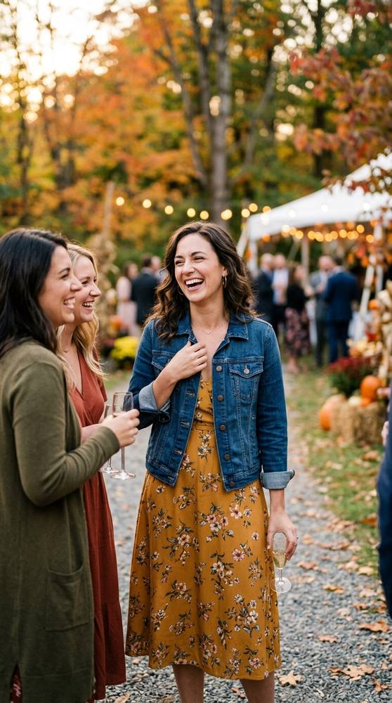 Guest in a mustard floral midi dress with a classic denim jacket, laughing with friends at an outdoor casual fall wedding