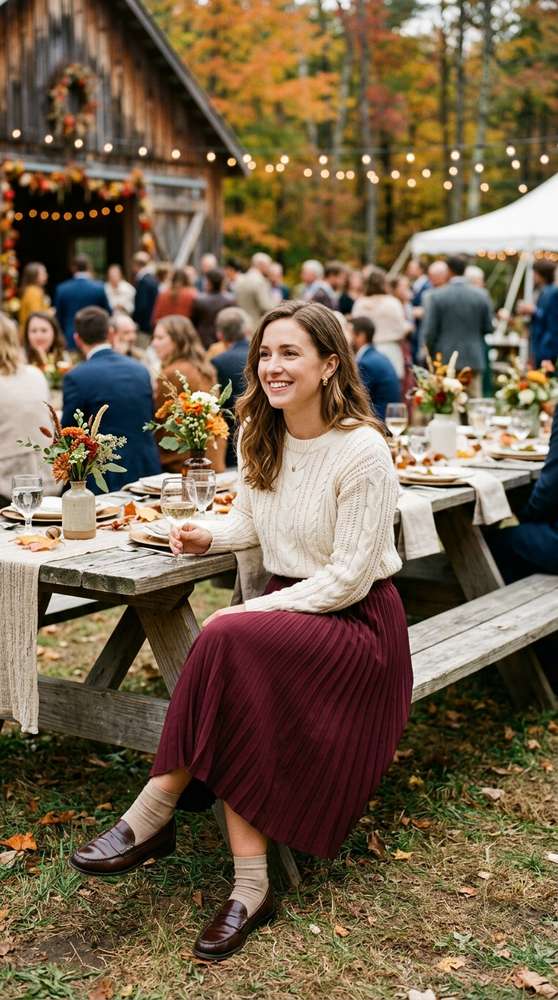 Guest wearing a cream sweater with a pleated burgundy midi skirt and loafers, sitting at a picnic-style table at a casual