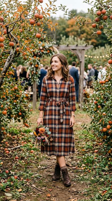 Guest in an autumn plaid flannel midi shirt dress with brown boots, standing in an apple orchard at a casual fall wedding