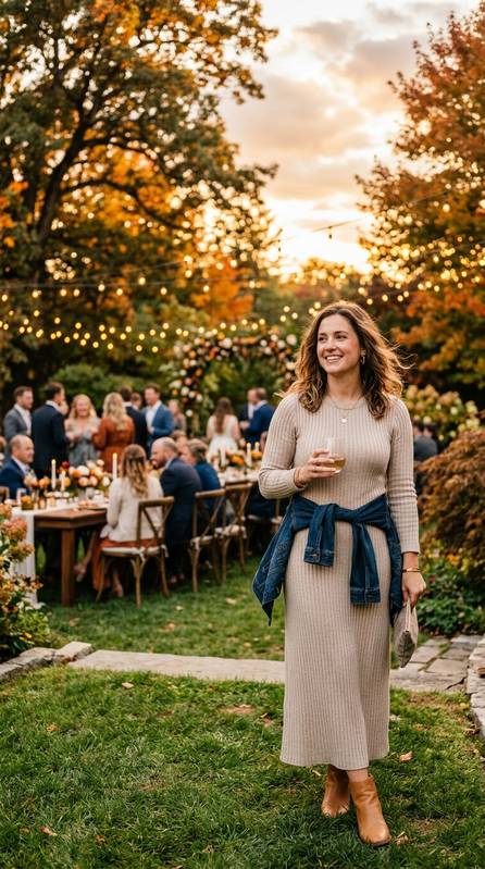 Guest wearing a soft knit maxi dress in oatmeal with a denim jacket tied around waist, at a sunset backyard wedding in fall
