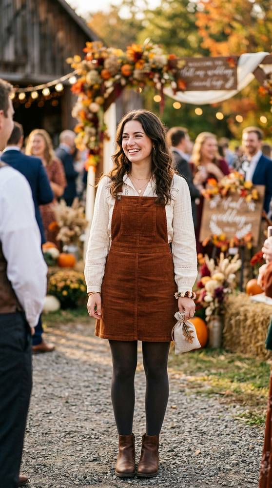 Guest in a corduroy pinafore dress over a cream blouse with tights, smiling at a harvest-themed fall wedding