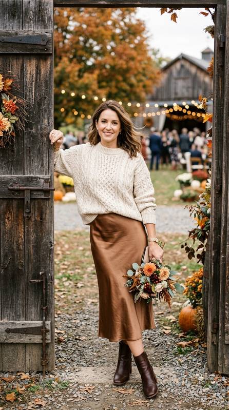 Guest wearing a chunky cream knit sweater with a bronze satin slip skirt and heeled boots, leaning against a wooden barn