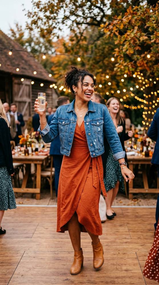 Guest in a rust wrap midi dress with a cropped denim jacket, dancing at an outdoor casual wedding reception in autumn