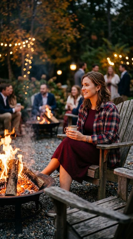 Guest wearing a burgundy midi dress with an open flannel shirt as a light jacket, sitting around a fire pit at an evening